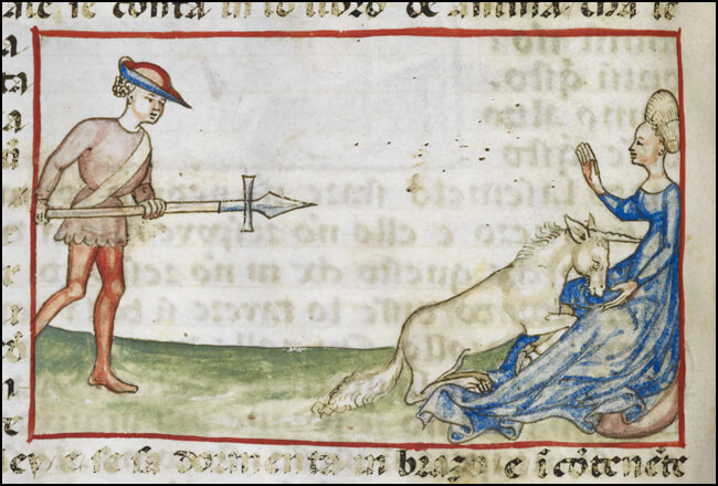 Image: A Woman Protecting A Unicorn From A Hunter from Flowers of Virtue and Custom, 1425-50 | British Library, C13385-26 | no restrictions